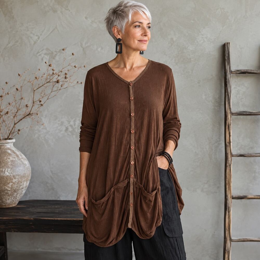 Flax Brown Button Front Long Sleeve Slinky Knit Tunic Top Medium